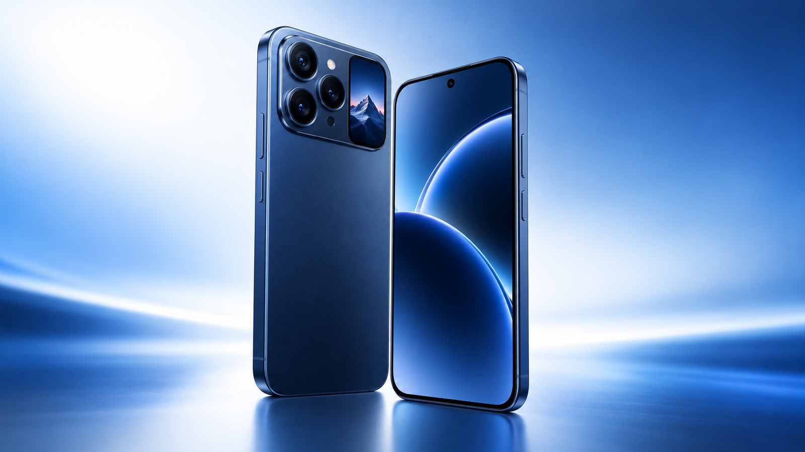 AI-generated editorial concept of a blue premium smartphone for a Xiaomi 18 Pro review