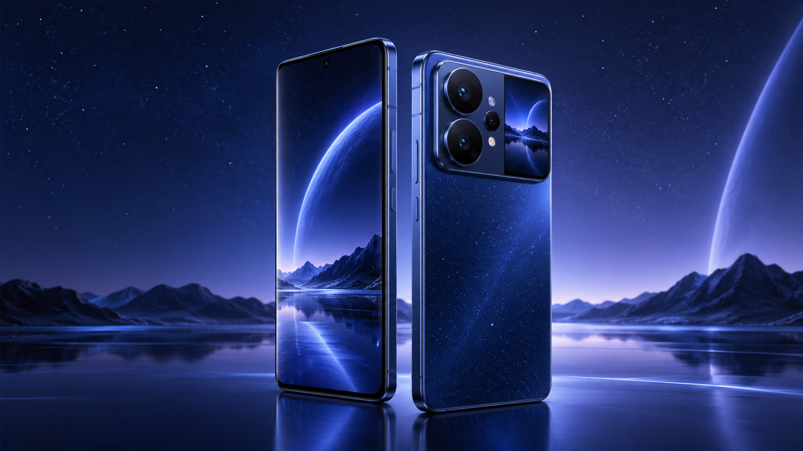 AI-generated editorial concept of a large blue premium smartphone for a Xiaomi 18 Pro Max review